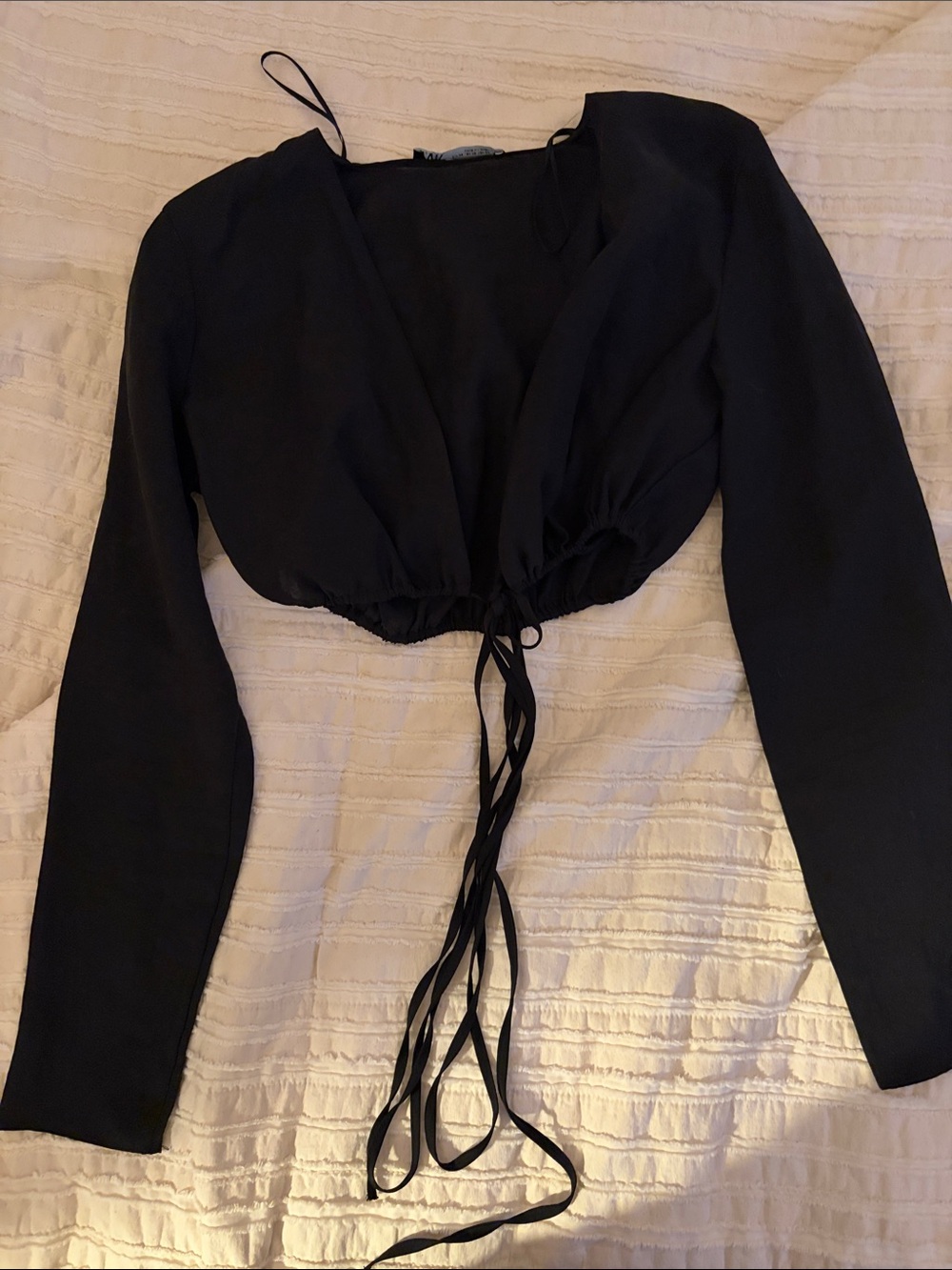 Zara Black Long-Sleeve Drawstring Crop Top